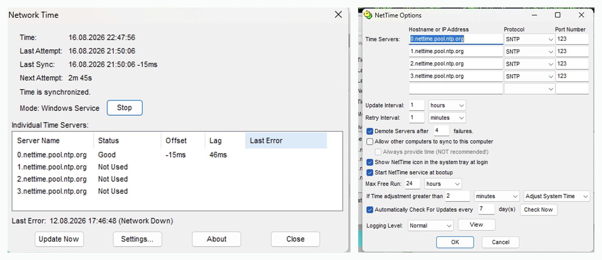 NetTime unter Windows mit synchronisierter Uhr und einem Update-Intervall von einer Stunde für FT8 und FT4.