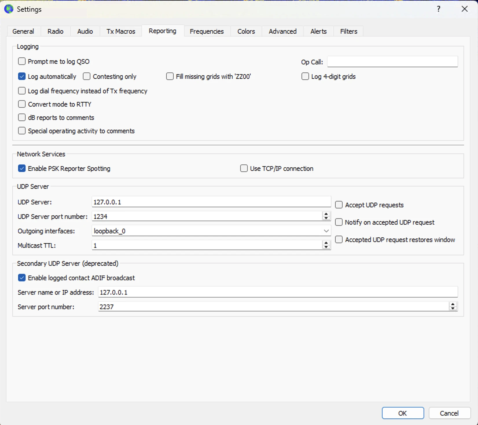 WSJT-X Reporting-Einstellungen mit PSK Reporter und aktiviertem ADIF-UDP-Logging.