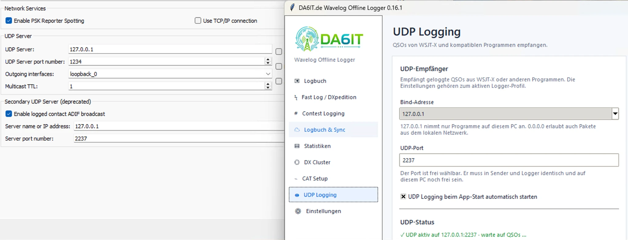 WSJT-X Reporting-Einstellungen und DA6IT.de Wavelog Offline Logger mit identischem UDP-Port 2237 für automatisches Logging.