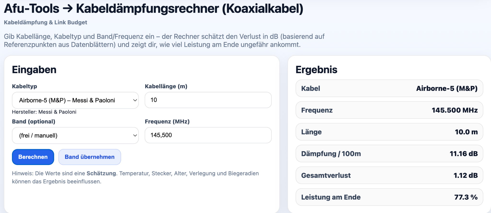 AFU-Tools Kabeldämpfungsrechner
