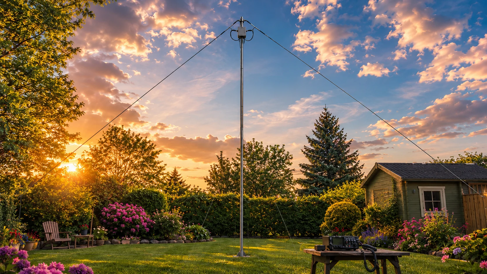 Illustration eines Kelemen Multiband-Dipols als Inverted-V an einem hohen Mast im Garten.