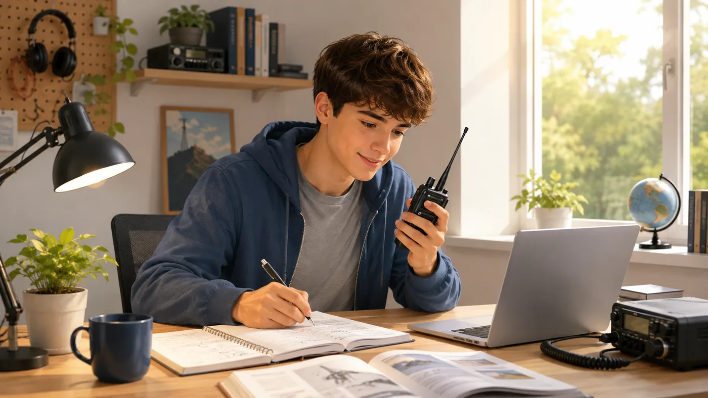 Einsteiger lernt entspannt für die Amateurfunk Klasse N mit Funkgerät, Notebook und Laptop am Schreibtisch.