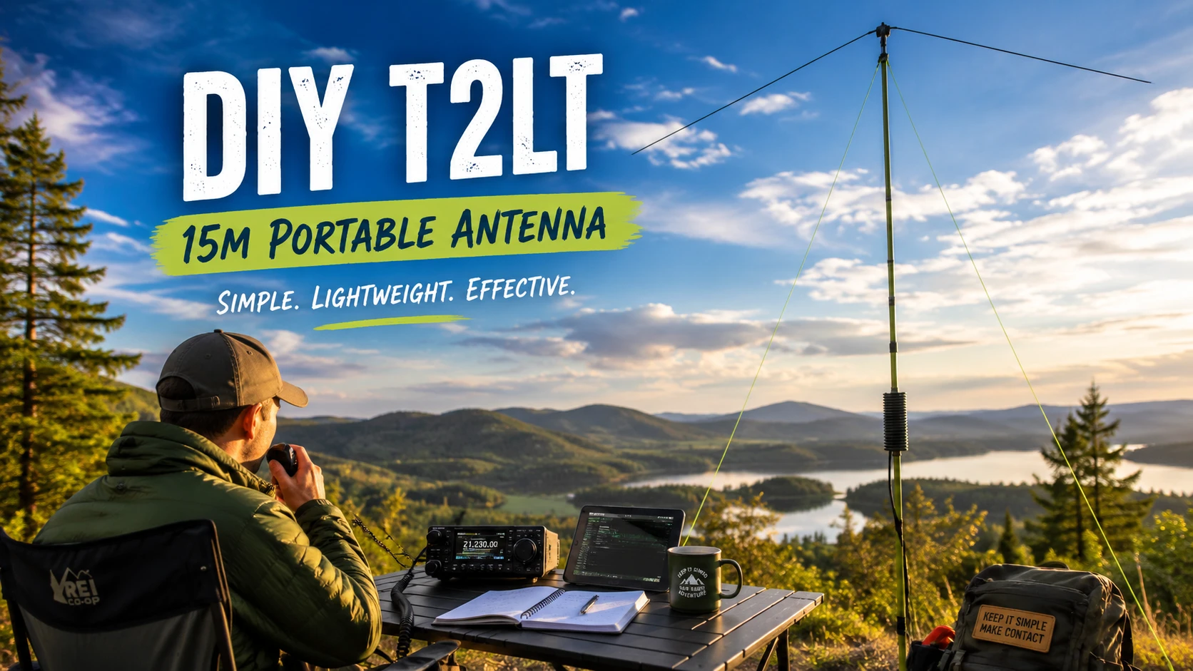 Lebendige Illustration einer DIY-T2LT-Antenne für 15 Meter im portablen Funkbetrieb mit Funkgerät, Tisch und Mast in schöner Landschaft.