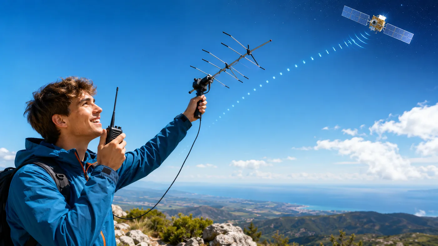 Funkamateur mit Handfunkgerät und Richtantenne bei einem Satellitenkontakt unter freiem Himmel.