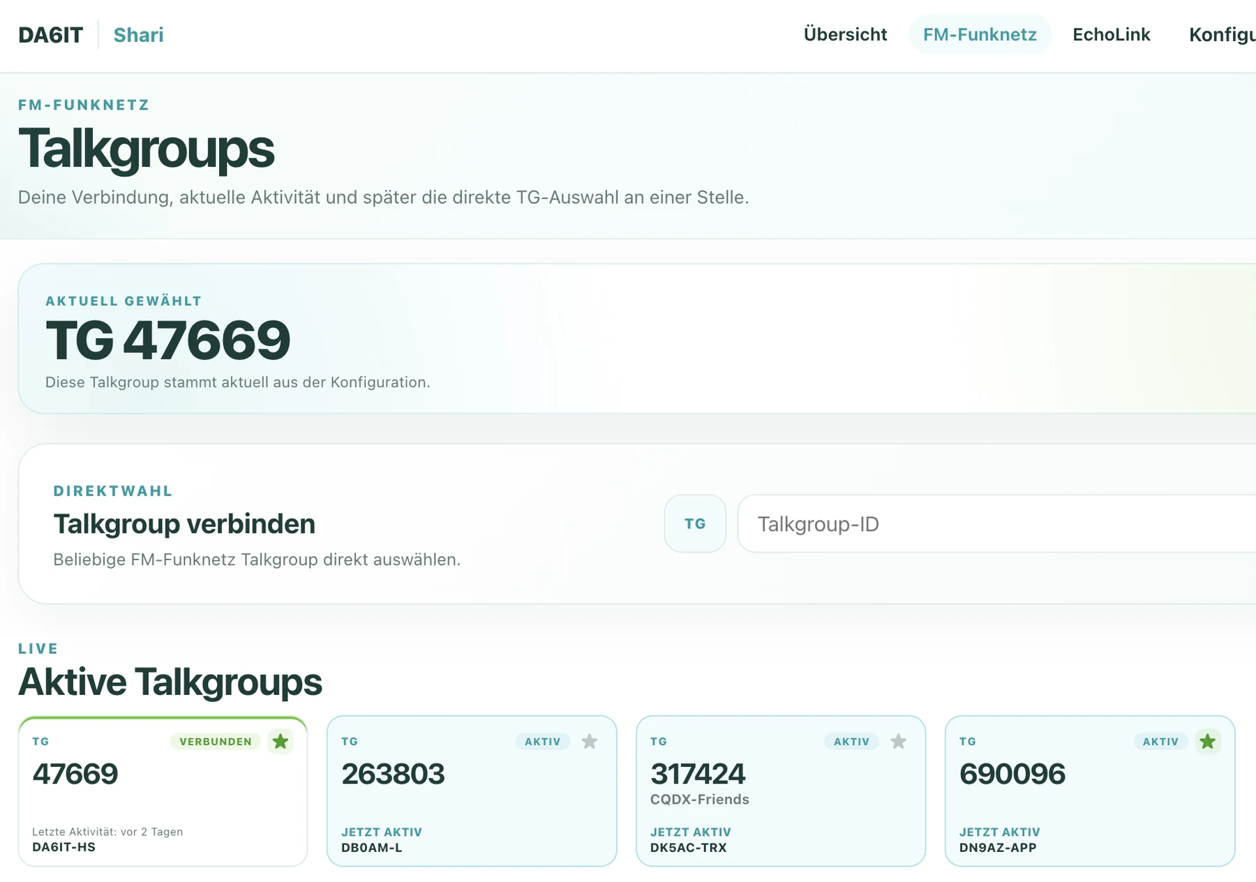 FM-Funknetz Webinterface mit direkter Talkgroup-Auswahl und aktiven Talkgroups.