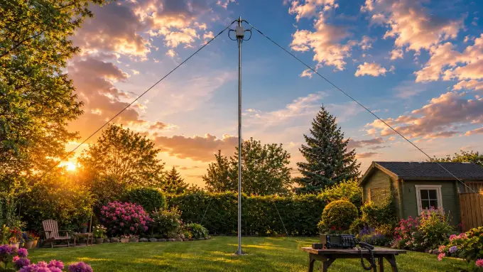 Illustration eines Kelemen Multiband-Dipols als Inverted-V an einem hohen Mast im Garten.