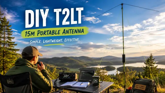 Lebendige Illustration einer DIY-T2LT-Antenne für 15 Meter im portablen Funkbetrieb mit Funkgerät, Tisch und Mast in schöner Landschaft.